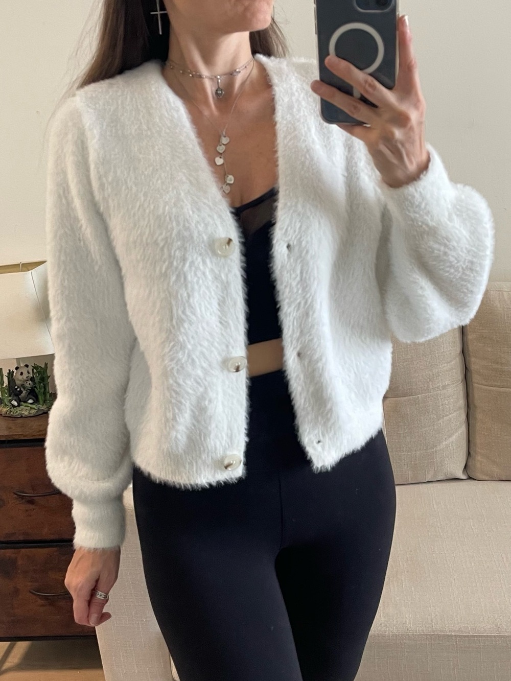 Willow & Wind White Fuzzy Eyelash Knit Cardigan M